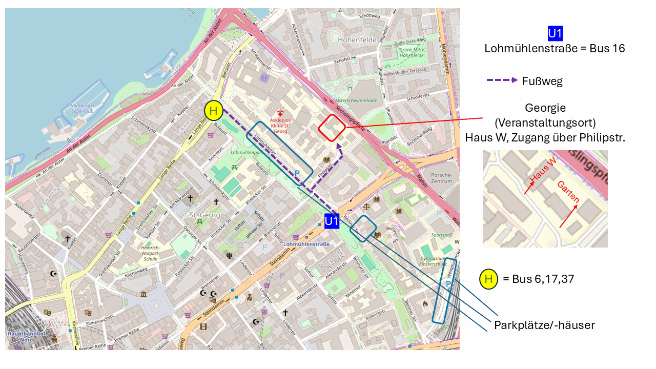 Lageplan: Weg von der U-Bahn Lohm&uuml;hlenstra&szlig;e und der Bushaltestelle zum Haus W (Georgie), Zugang &uuml;ber die Philipsstra&szlig;e, mit Parkpl&auml;tzen